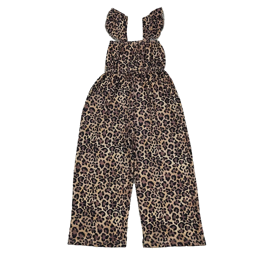 

Leopard Print Summer Jumpsuit for Girls with Flutter Sleeves Kids Fashionable Casual Outfit