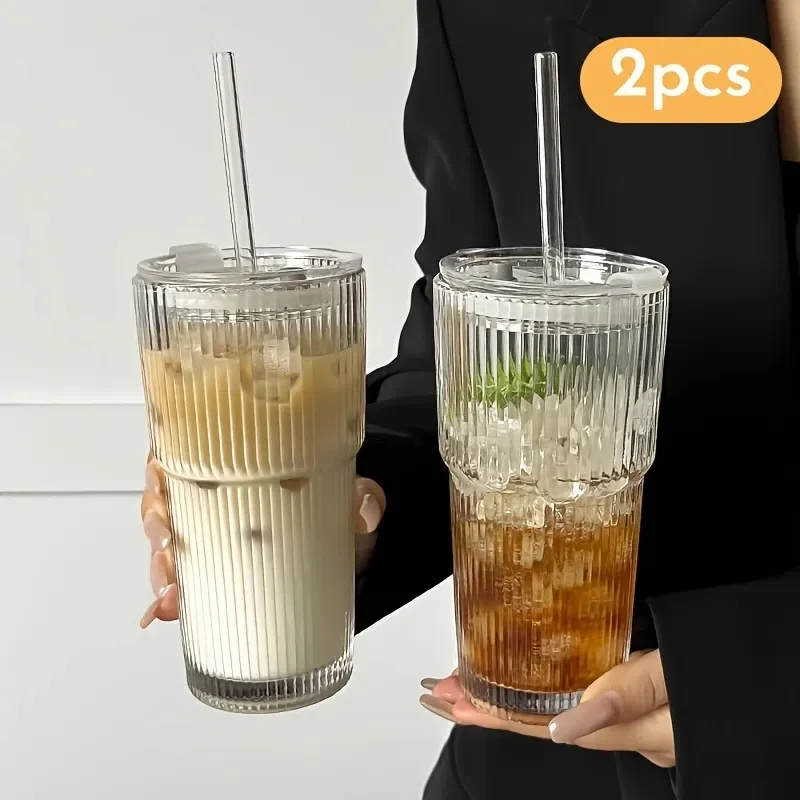 Vaso de vidrio transparente con rayas de 300/600 ml con tapa y pajita, taza para café helado, té, jugo, leche, agua, artículos para beber