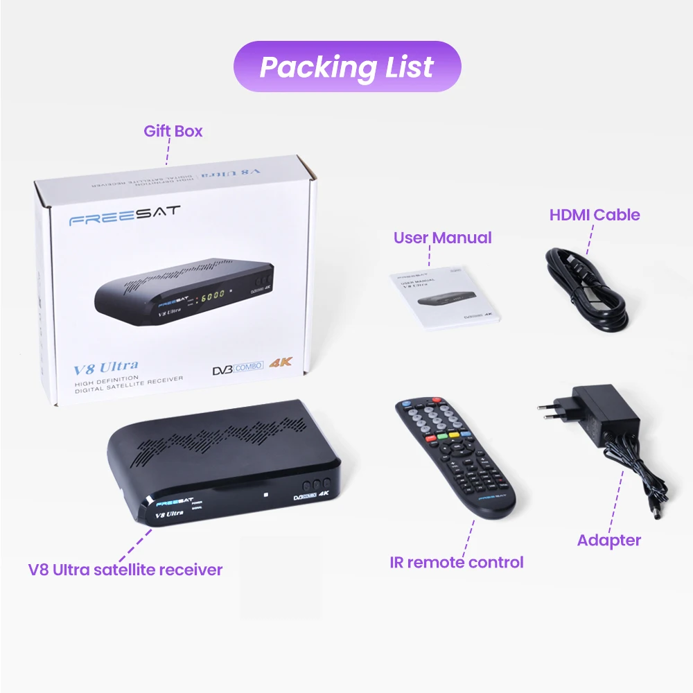 جهاز استقبال الأقمار الصناعية FREESAT V8 Ultra DVB-S/S2/S2X، DVB+T/T2/ISDB-T/Cable/ATSC-C BISS Auto Roll، PowerVu الكامل، DRE Mars V8 Ultra