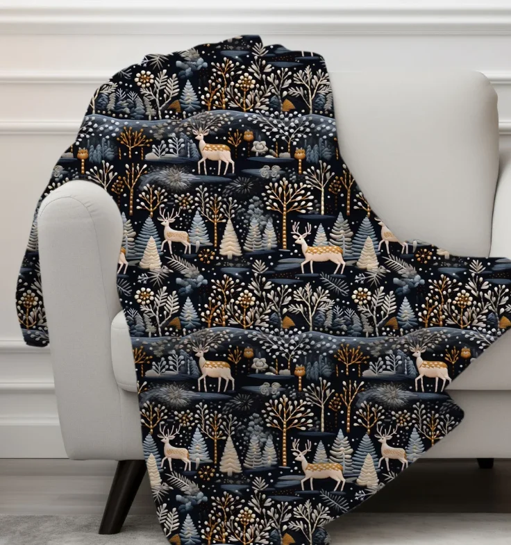 Scandinavian Winter Folk Art Blanket Vintage Nordic Art, Deer in Forest Scandi 3D Embroidery Look Velveteen or Sherpa Blanket
