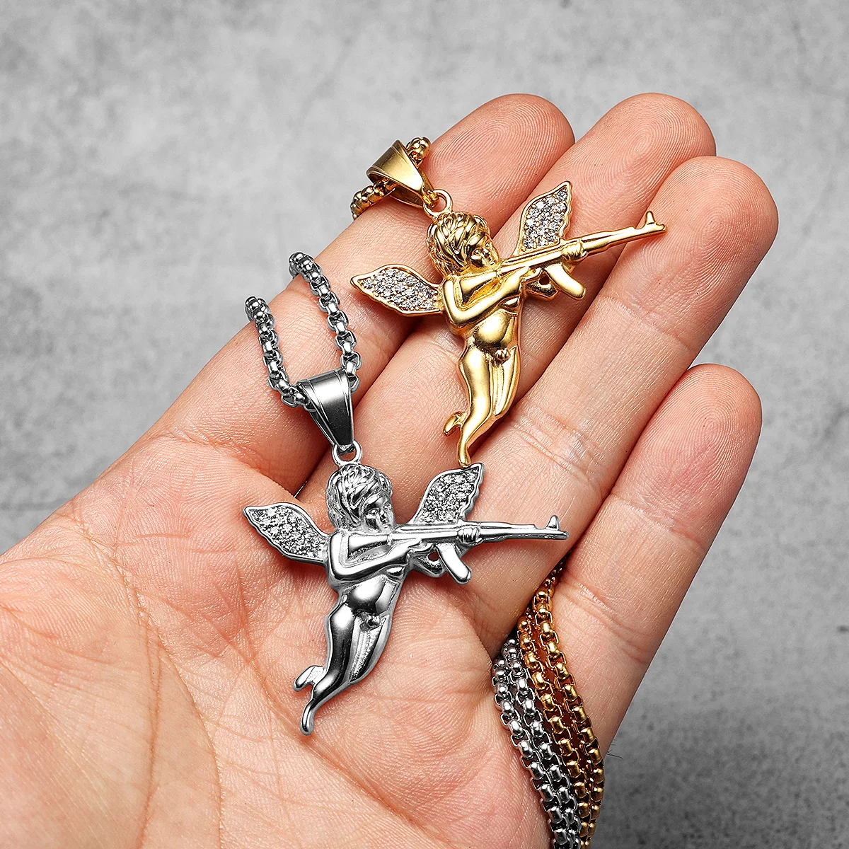 Angel Cupid AK47 Gun Stainless Steel Men Necklaces Pendant Chain Amulet HipHop Cool Things For Women Jewelry Gifts Wholesale
