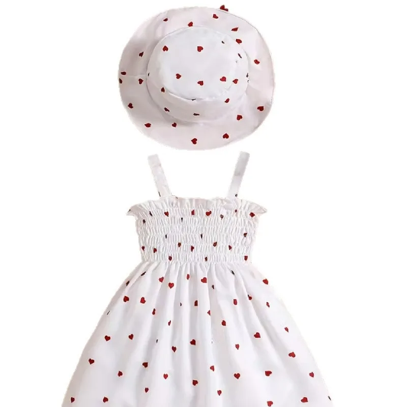 Newborn To 3-year-old Girl Summer Two-piece Heart-shaped Printed Sleeveless Dress Princess Hat