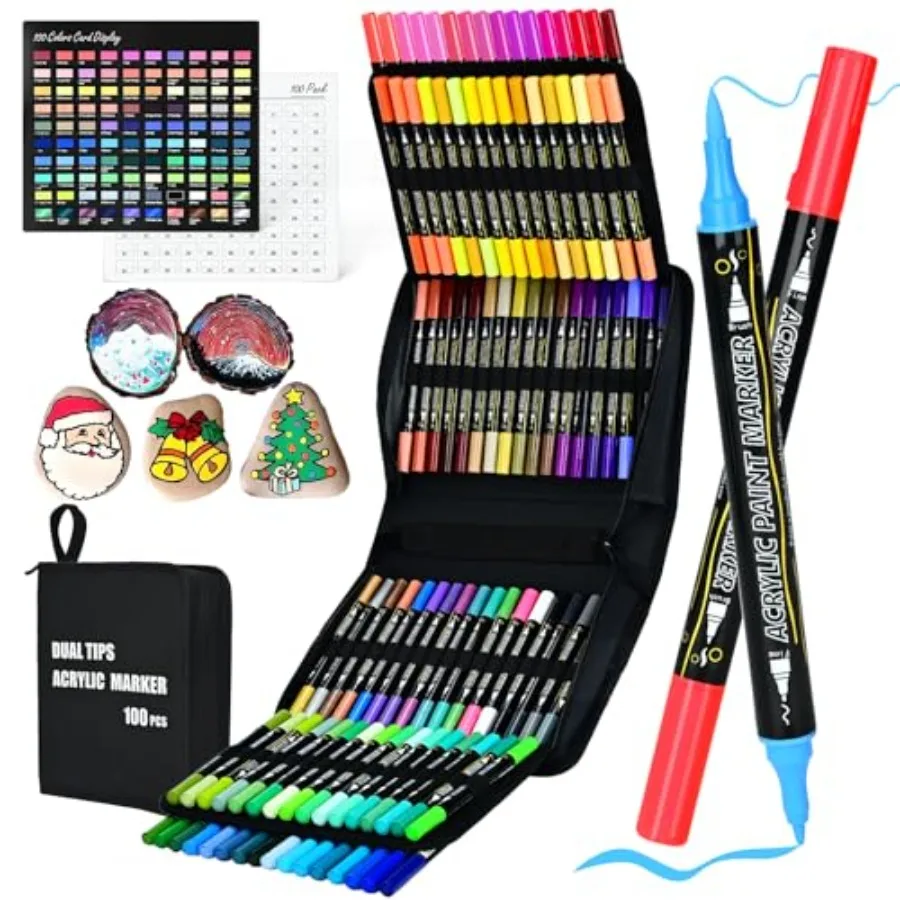 

100 Acrylic Paint Markers, 12 Metallic and 88 Regular Colors Dual Tip Metallic Marker Pens for Black Paper, Photo Album, Rock P