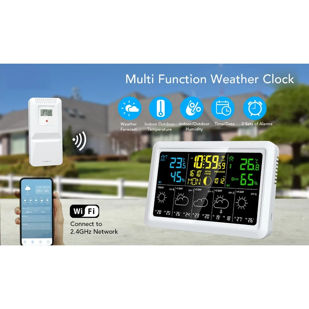 Wifi Weather Forecast Digital Clock Large Display Temperature and Humidity Alarm CLock Air Pressure Brightness Adjustment