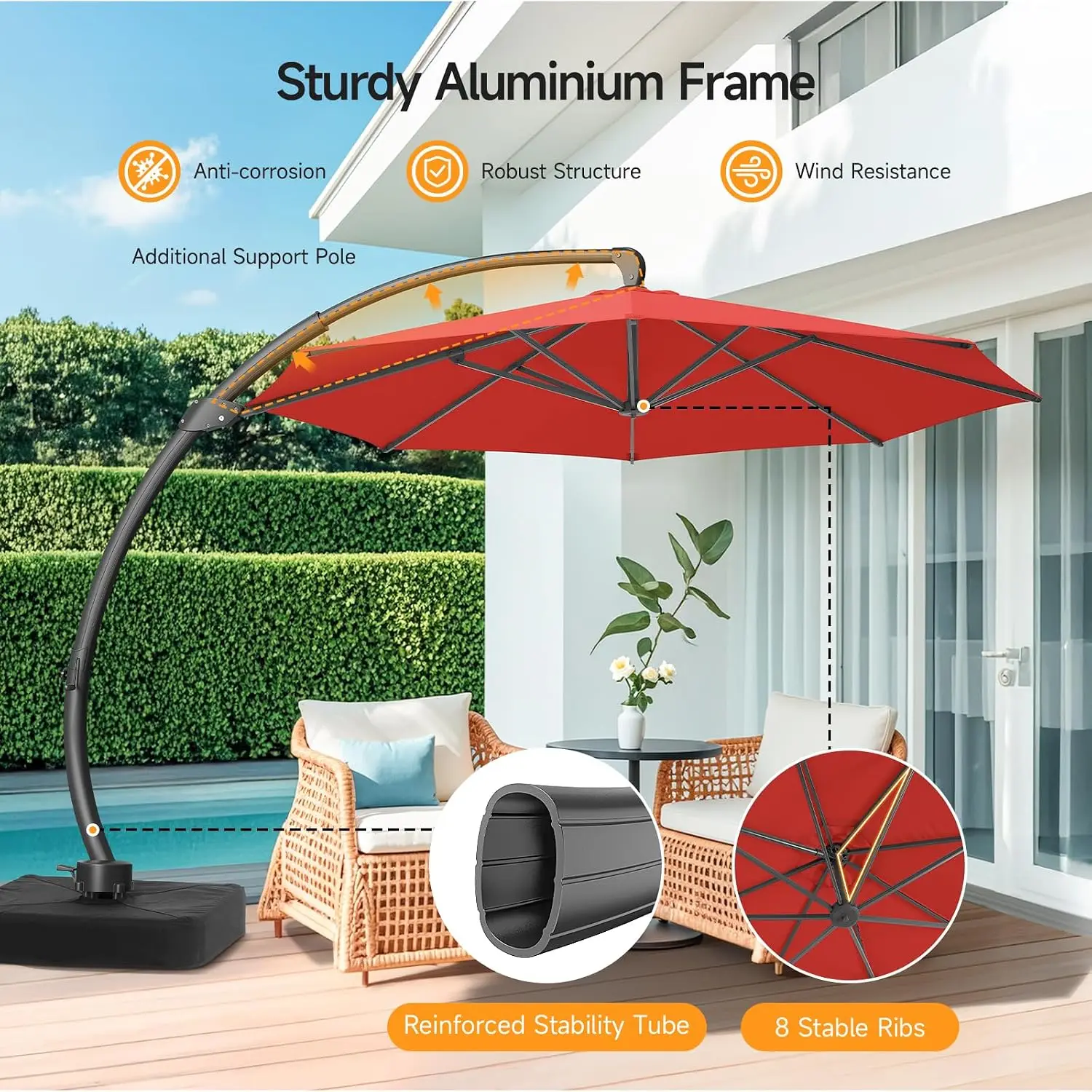 11 FT Aluminium Cantilever Umbrella Large Round Offset 360°Rotation Unlimited Position Garden Pool, Customized