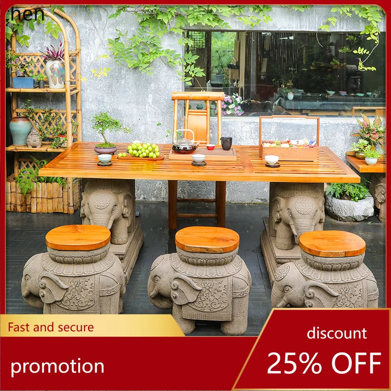 

HXL Outdoor Courtyard Dining Table and Chair Set Garden Balcony Solid Wood Coffee Table Combination