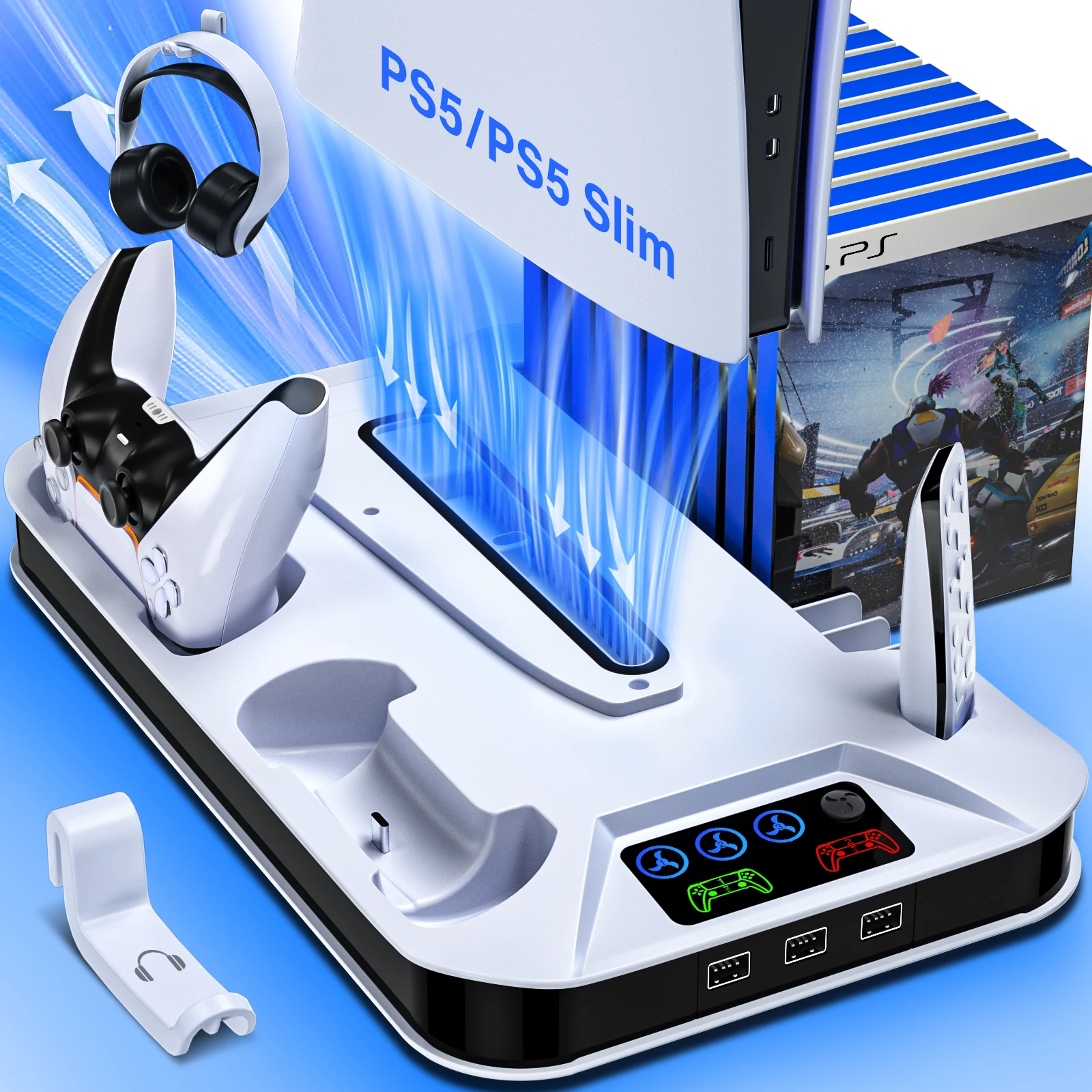

ZRZLMVP Cooling Stand with Controller Charging Station for PS5 Slim&Standard Disc/Digital Console, Boyfriend Game Gift