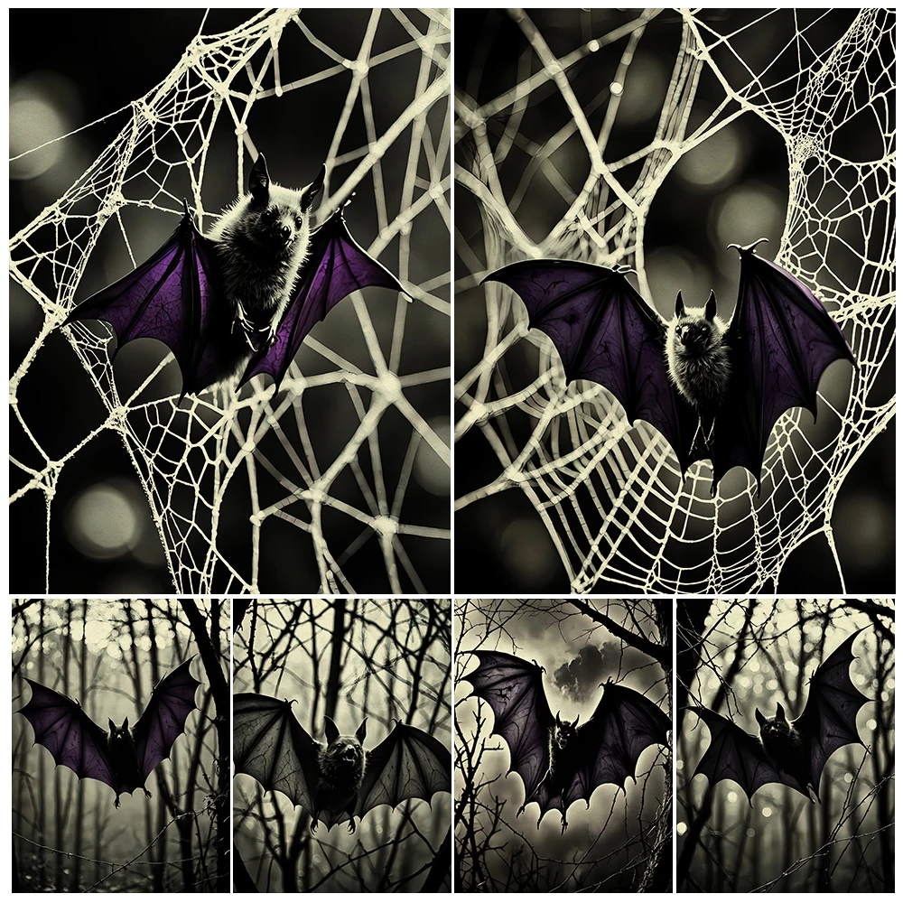 

Purple-Winged Bat In The Dark Forest,Vintage Wall Art Canvas Painting,Spider Web And Bat Gothic Animal Art Poster Print Decor