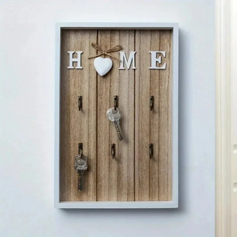 Image of 1pc Holz Metall Schlüssel Haken Bord Hause Wand Dekoration Wohnzimmer Eingang Lagerung Rack