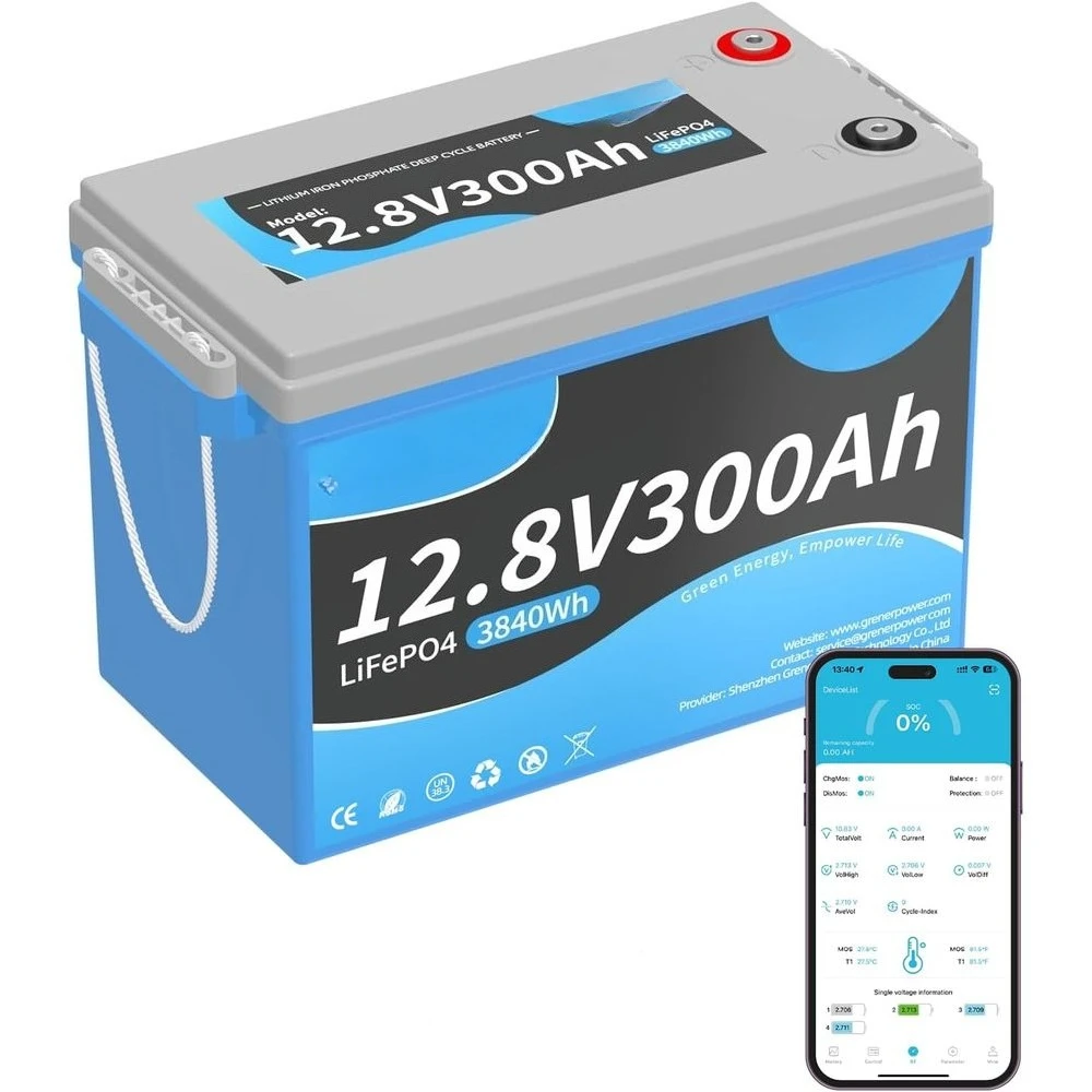 

12V 300Ah LiFePO4 Battery with Bluetooth, 200A BMS, 2560W Output, Cold Weather Protection, 4P4S Compatible for RV, Trolling Moto