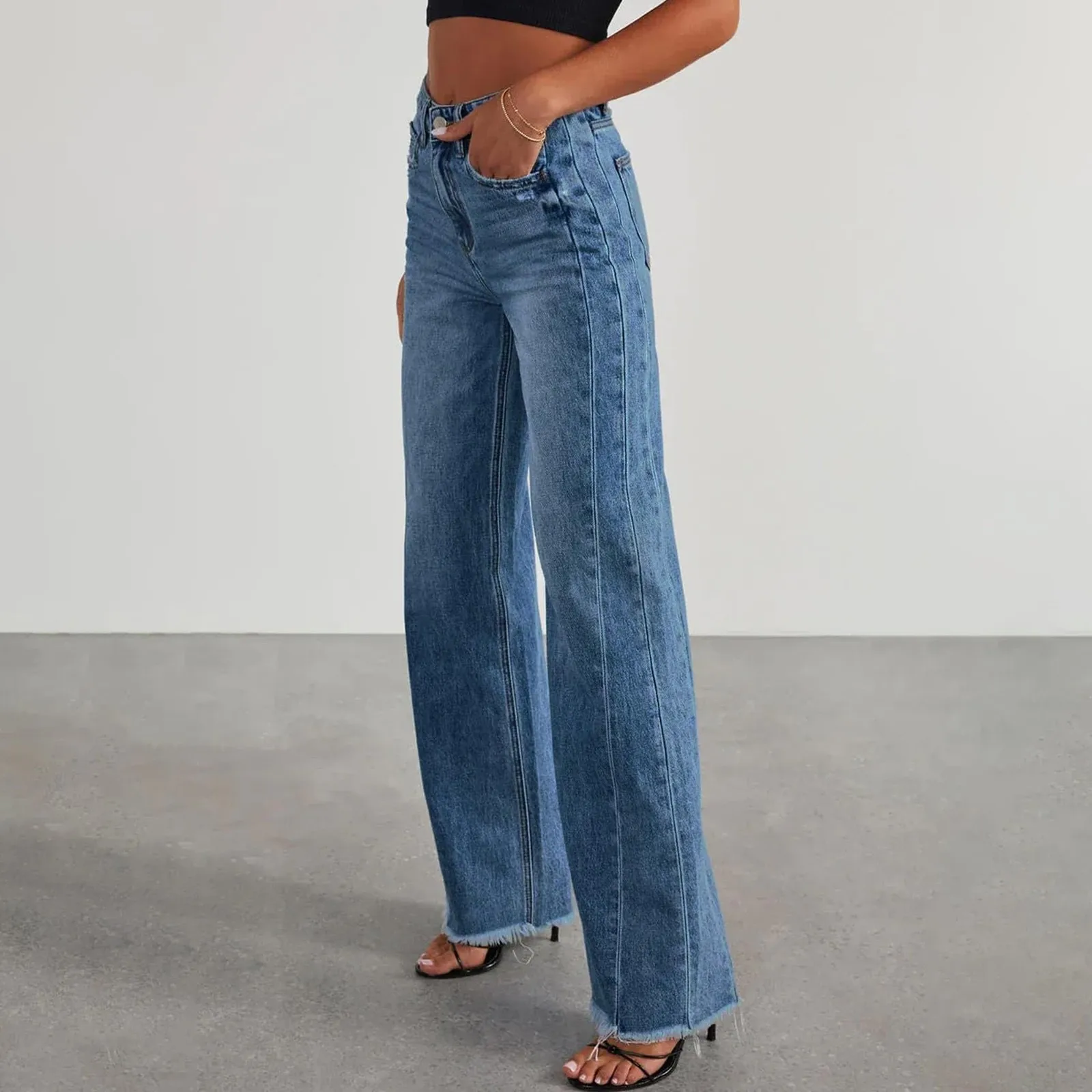 

Women High Waist Casual Loose Wide Leg Slim Denim Pants Elegant Splice Pockets Straight Leg Floor Length Jeans