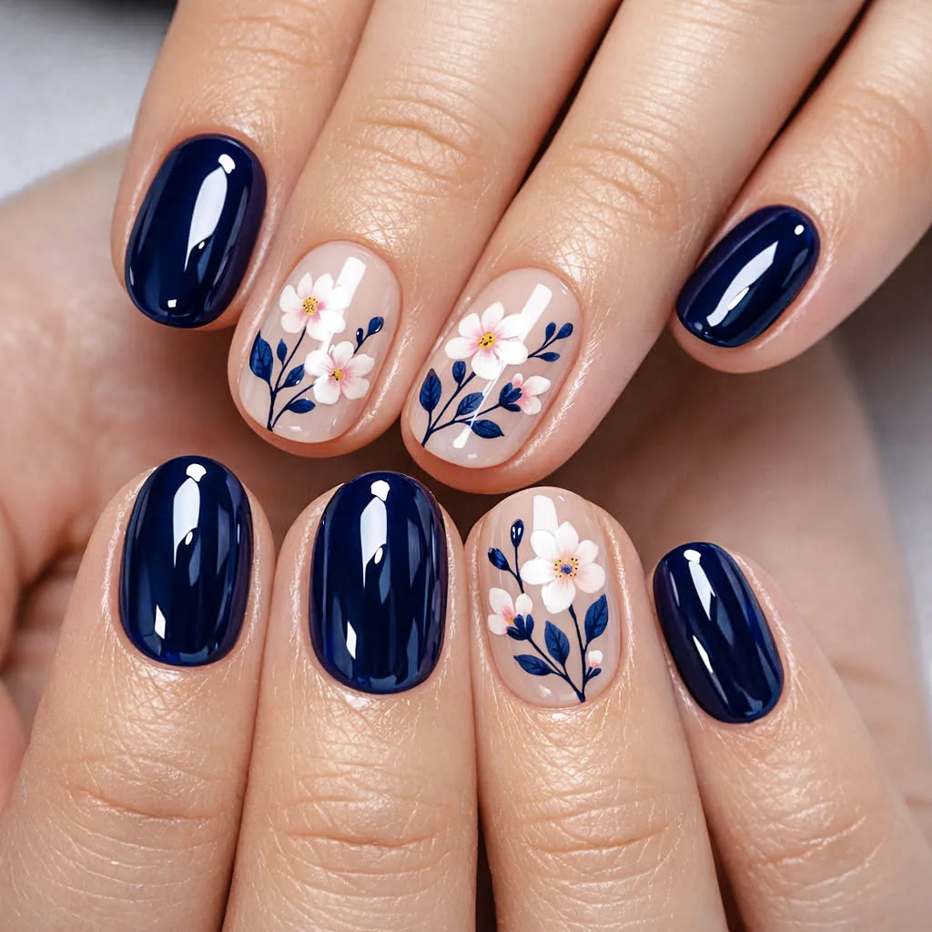 

24Pcs Short Square Head Press on Fake Nails with Simple Blue Flower Design False Nails Full Cover Wearable Finished Manicure Tip