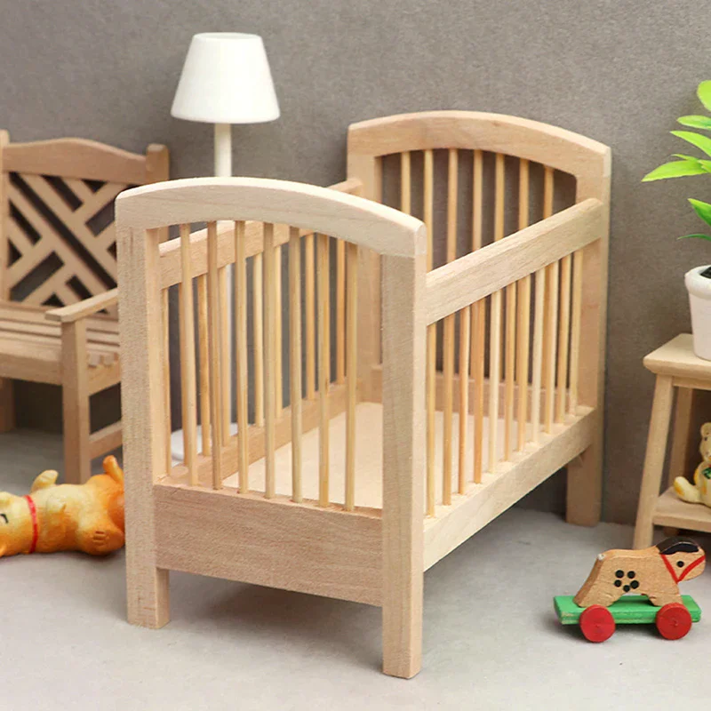 Furniture Accessories 1:12 Dollhouse Miniature Wood Baby Bed Simulation Bedroom Doll Model Doll House view 4