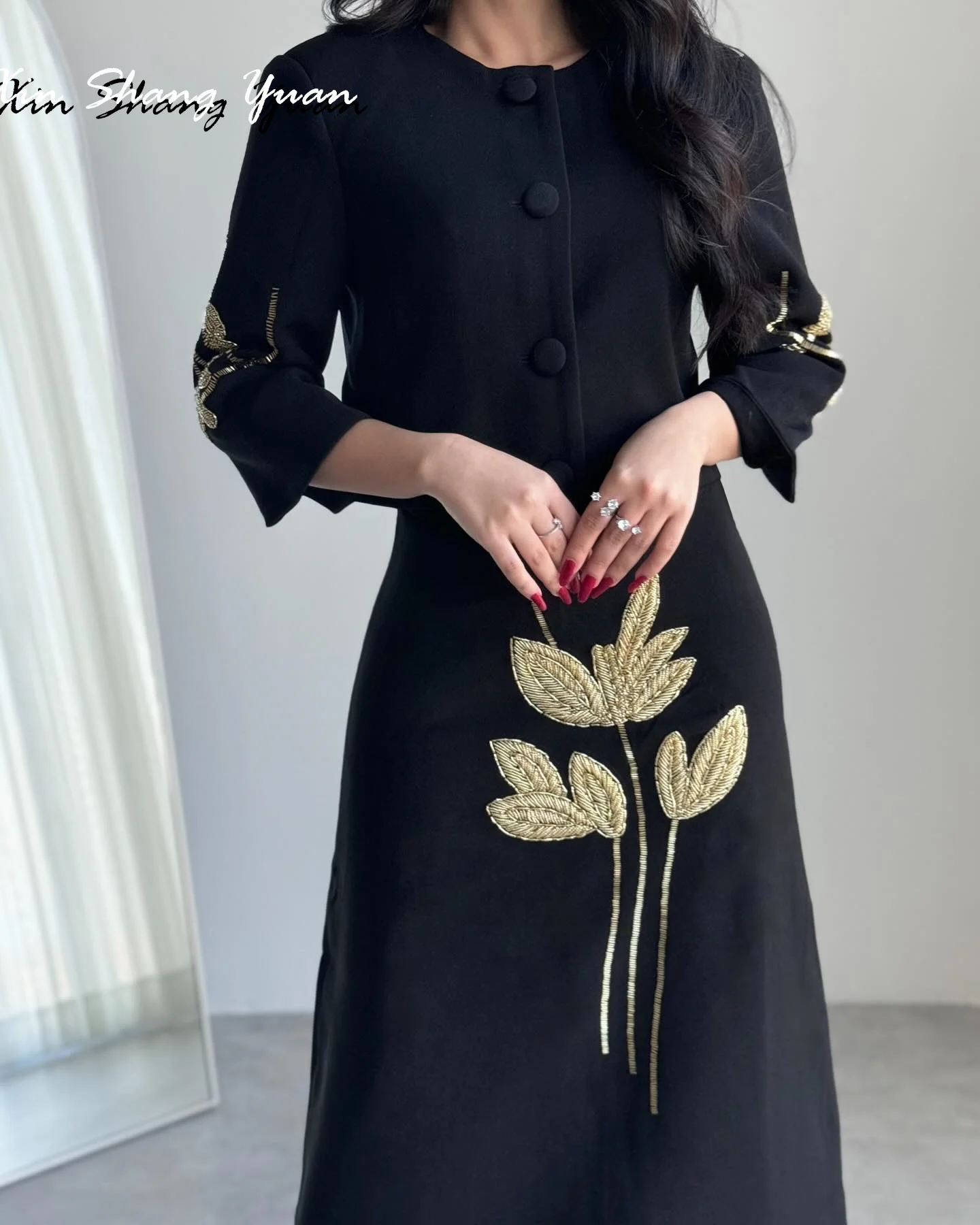 Vestido de noche personalizado, Jersey exquisito, cuello redondo, mangas 3/4, vestidos de graduación, delicados, corte en A, hasta el tobillo, botones, vestidos de fiesta