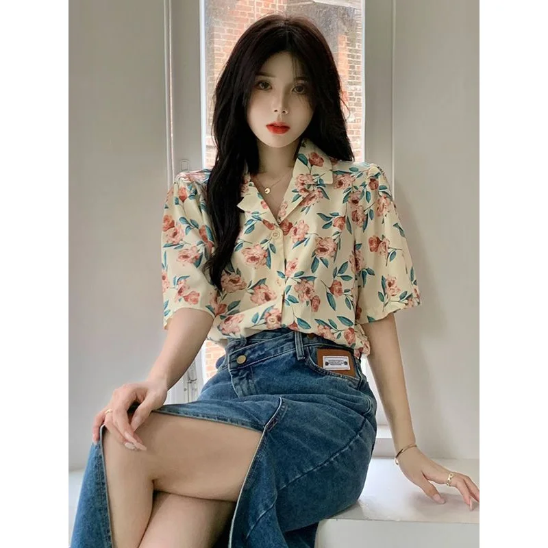 Summer New Chiffon Printing Blouse V Neck Short Sleeve All-match Loose Floral Shirt Tops Korean Elegant Fashion Women Clothing