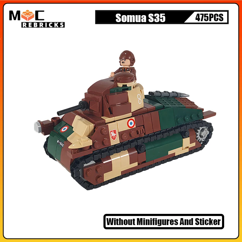 

French Cavalery Tank Somua S35 WW2 Artillery Military Armored Vehicle MOC Building Block Assembly Weapon Model Kids Bricks Toys