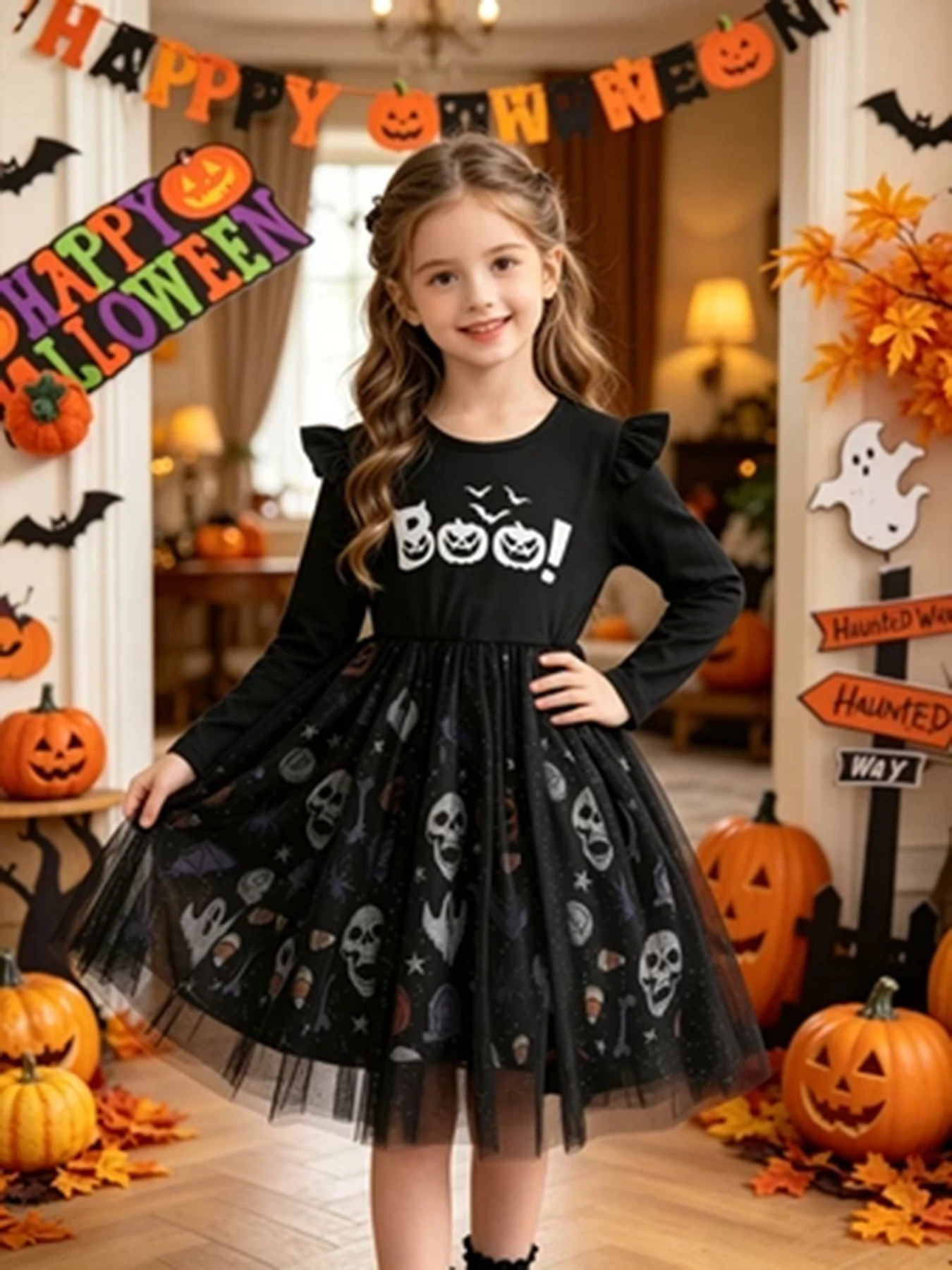 Langärmeliges Halloween-Kleid für Mädchen, Tüll-Prinzessinnenkleid mit Totenkopf- und Kürbis-Print, Kinder-Party- und Aufführungskostüm – Detail 5