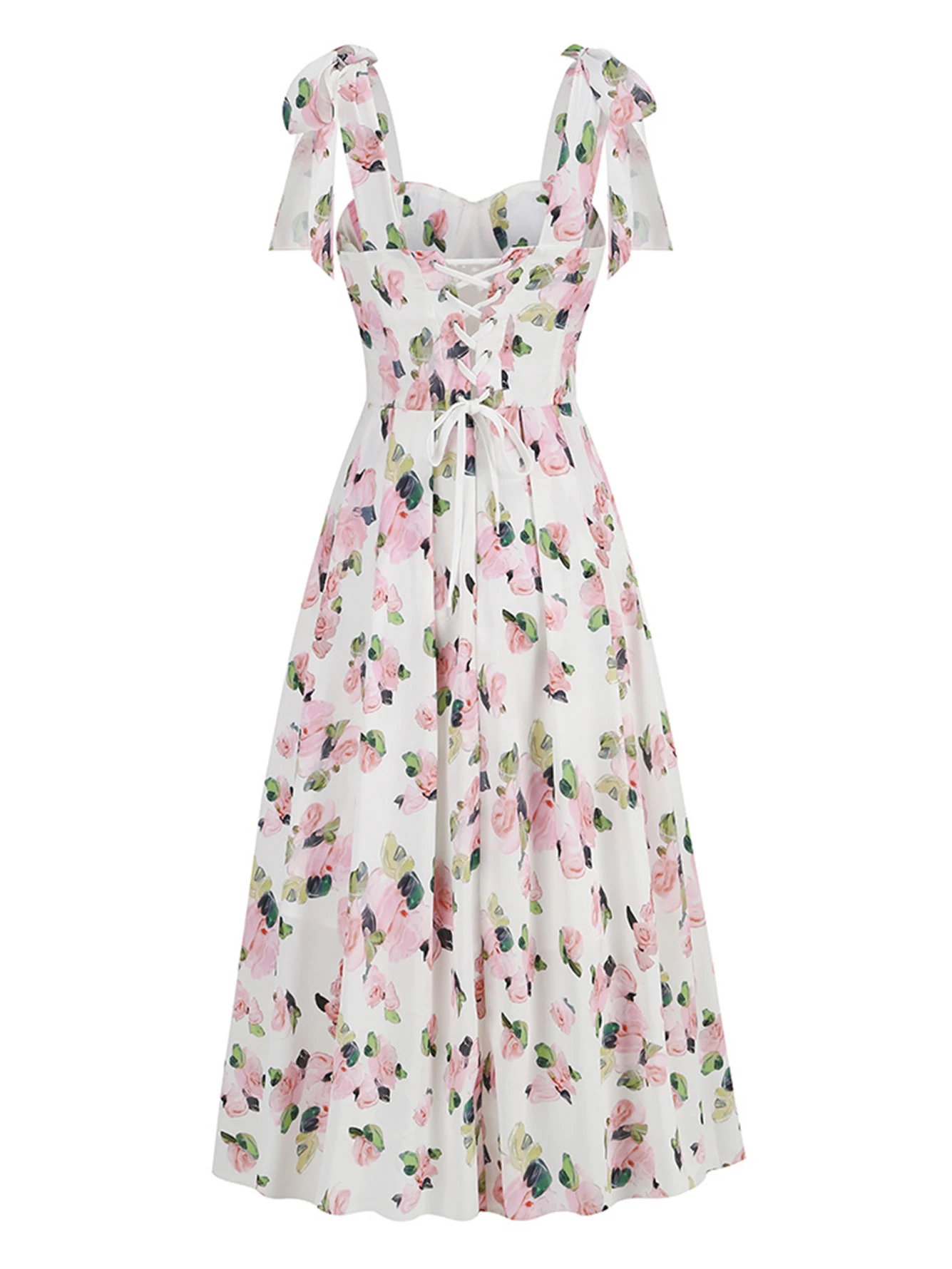 Vestido Midi con estampado Floral para mujer, traje Sexy de alta calidad con tirantes finos, sin mangas, Espalda descubierta, cordones, vacaciones, fiesta