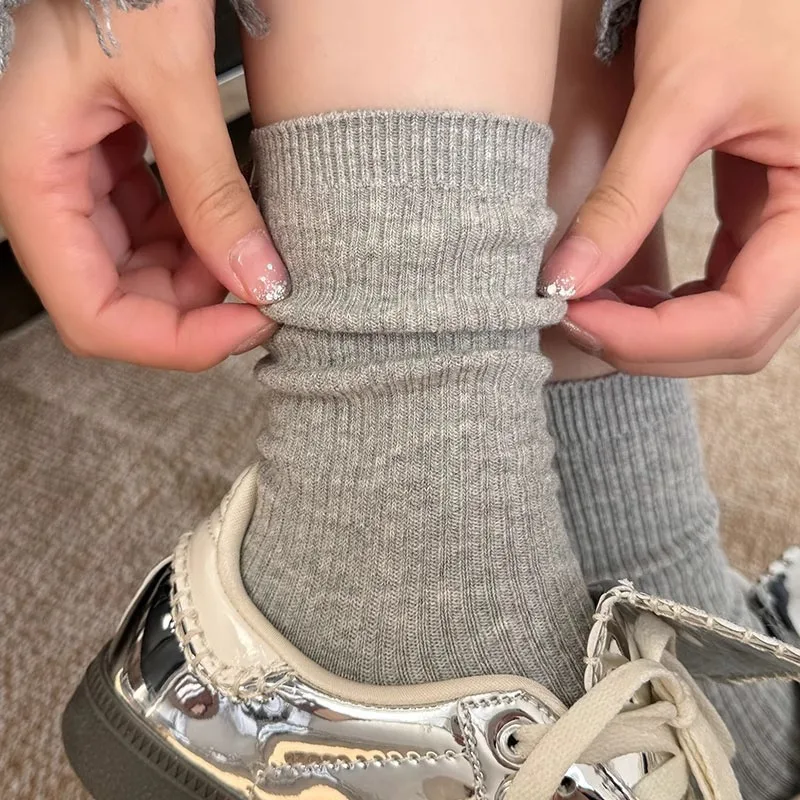 4 Pairs Gray Women's Mid-calf Socks Set Spring Fall Cotton Korean Style Long White Slouch Socks Autumn Warm Socks High Quality
