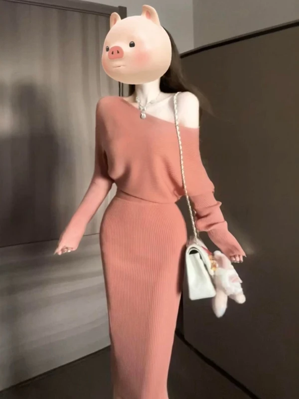 Chic Knitted Wrap Dr oulder Bared High Waist Slim Fit Spring Summer Faion Gentle Sle Busin Casual Ci Walk Dr