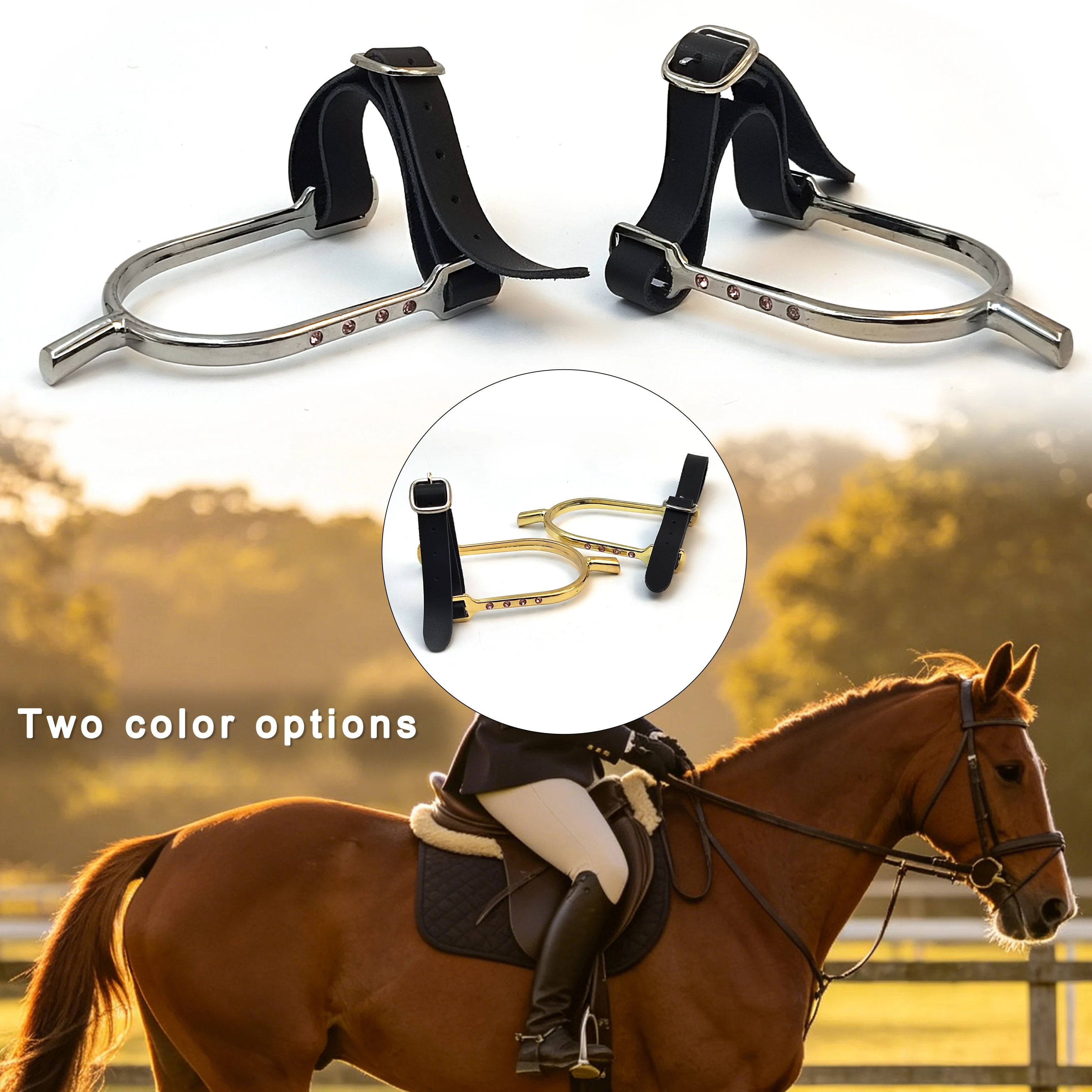 Gold/Silver Rhinestone Spurs with Leather Straps, Durable Alloy Equestrian Spur Set for Riders Horse Riding