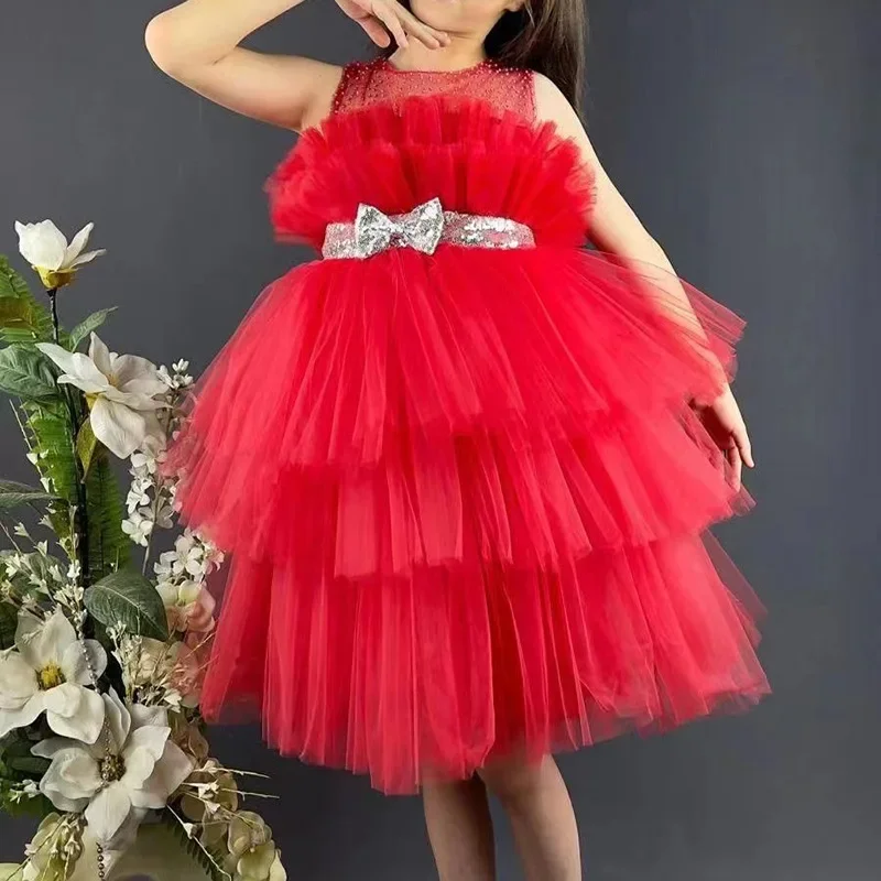 Vestido de tul con lentejuelas para niña pequeña, vestido de boda y cuello redondo con lazo, ropa de fiesta para niños, vestido de princesa rosa, vestidos con lazo para niña