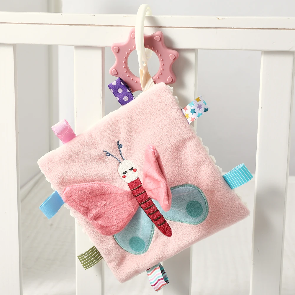 

Butterfly Baby Security Blanket Multi Sensory Teether Crinkle Sound Press to Squeak Textured Ribbon Detachable Fine Motor Skill