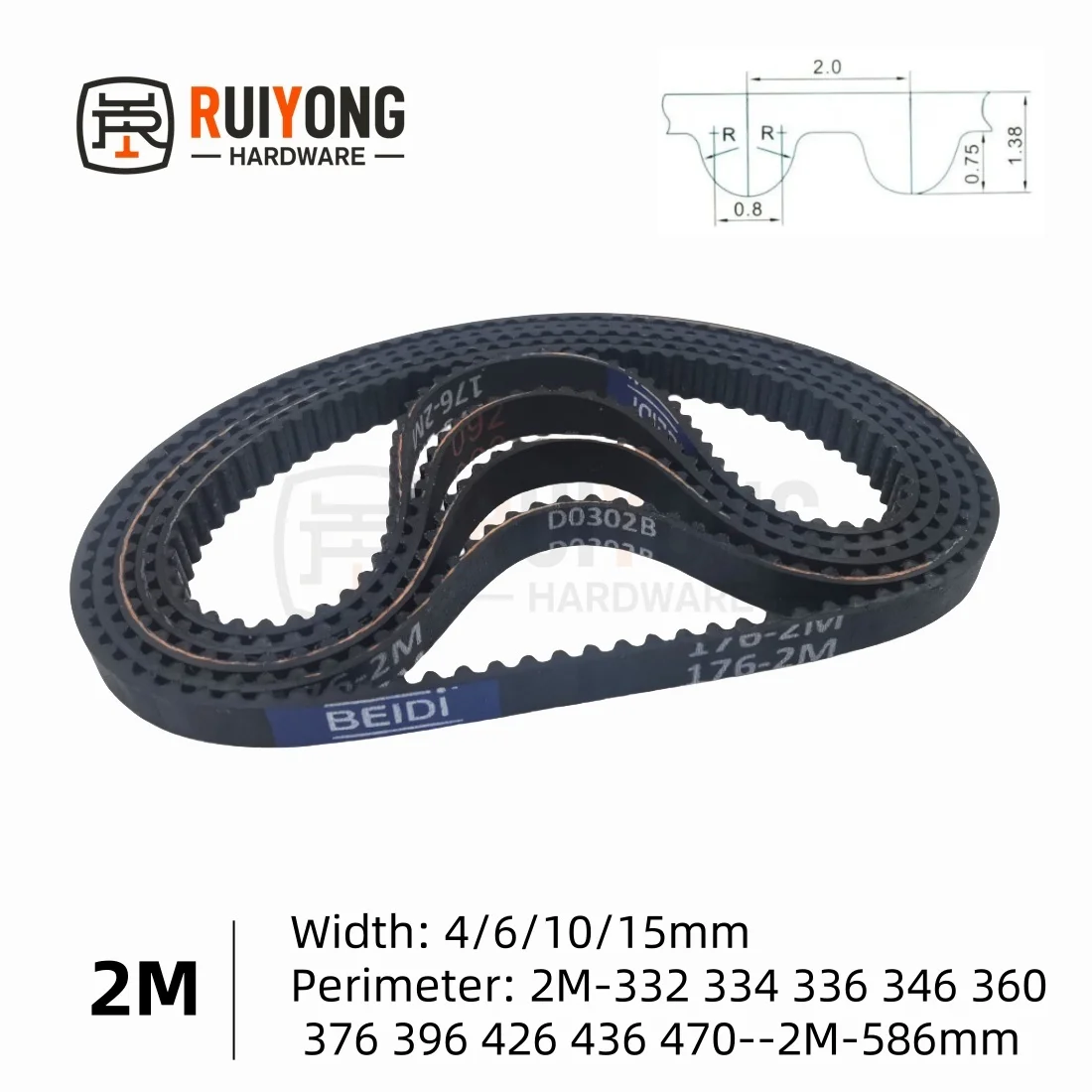 

2M Timing Belt Pitch 2mm Width 4/6/10/15mm Perimeter 2M-332 334 336 346 360 376 --2M-586mm Synchronous Conveyor Belt 3D parts