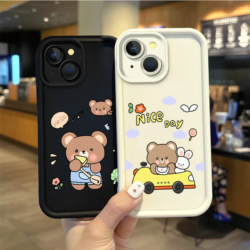 Adorkable Cartoon Brown Bear Phone Case For iPhone 16 Pro Max Case 15 14 13 12 11 Pro XR X XS Max 8 7 Soft Liquid Silicone Cover