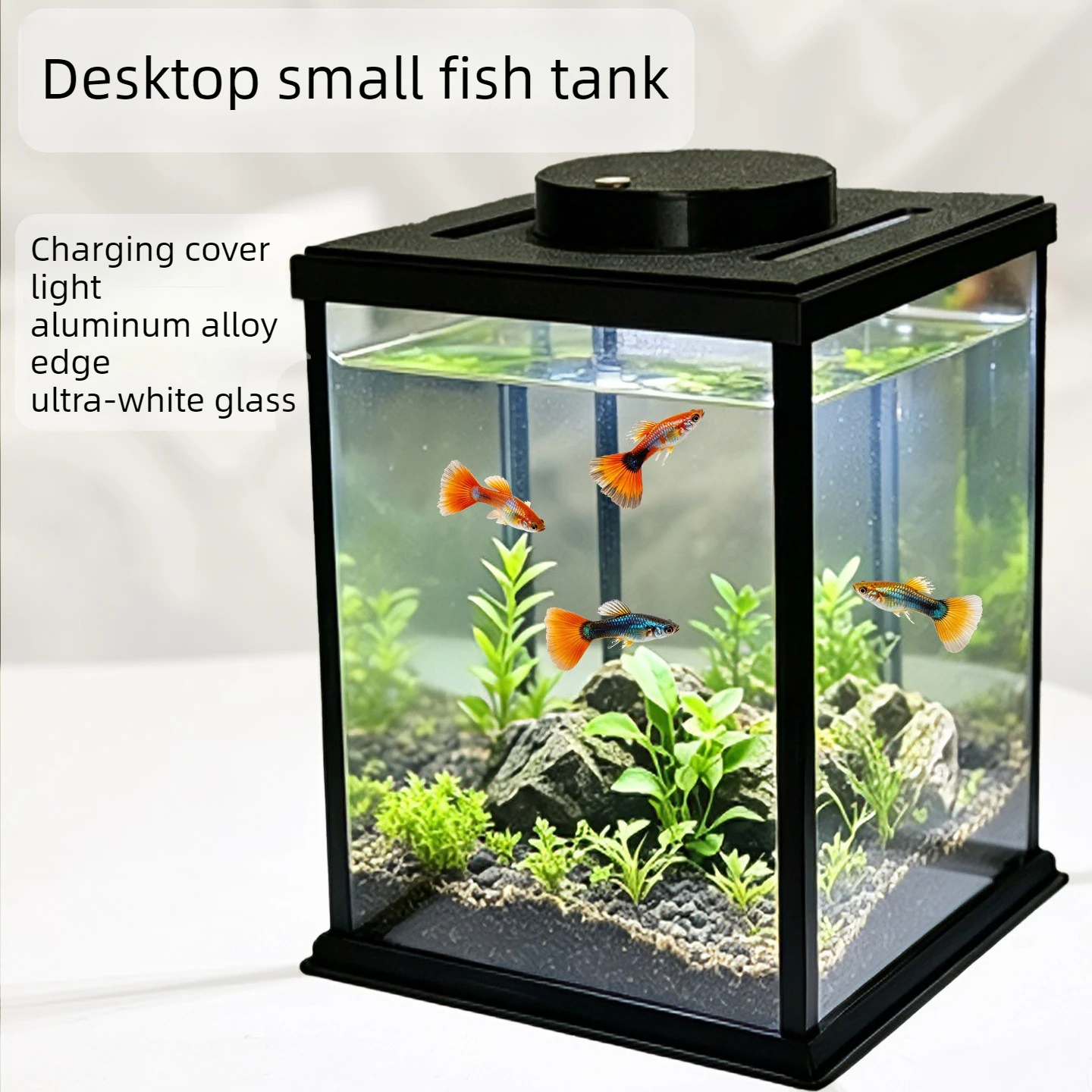 2026 Desktop Ultra Clear Glass Mini Aquarium With LED Light Lazy Breeding Tank For Betta Fish Landscape Lighting Fixture