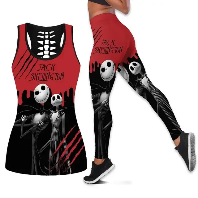 Disney Jack Skellington and Sally Women's Hollow Vest + Leggings Yoga Suit Fitness Leggings Sports Suit Tank Top Legging Outfit