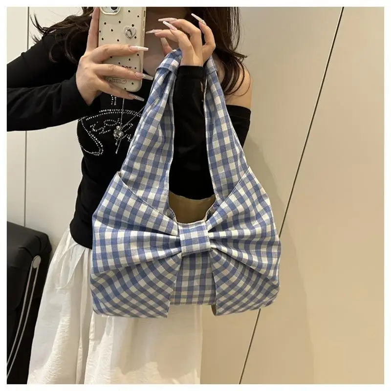 Retro Bow Plaid Women's Shoulder Bags Simple Commuter Ladies Underarm Vest Bag Casual Portable Female Shopping Handbags Tote