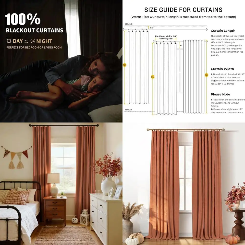 Rideaux occultants isolés thermiques orange 50 x 96 pouces pour chambre à coucher, ensemble de 2 panneaux avec anneaux à clips