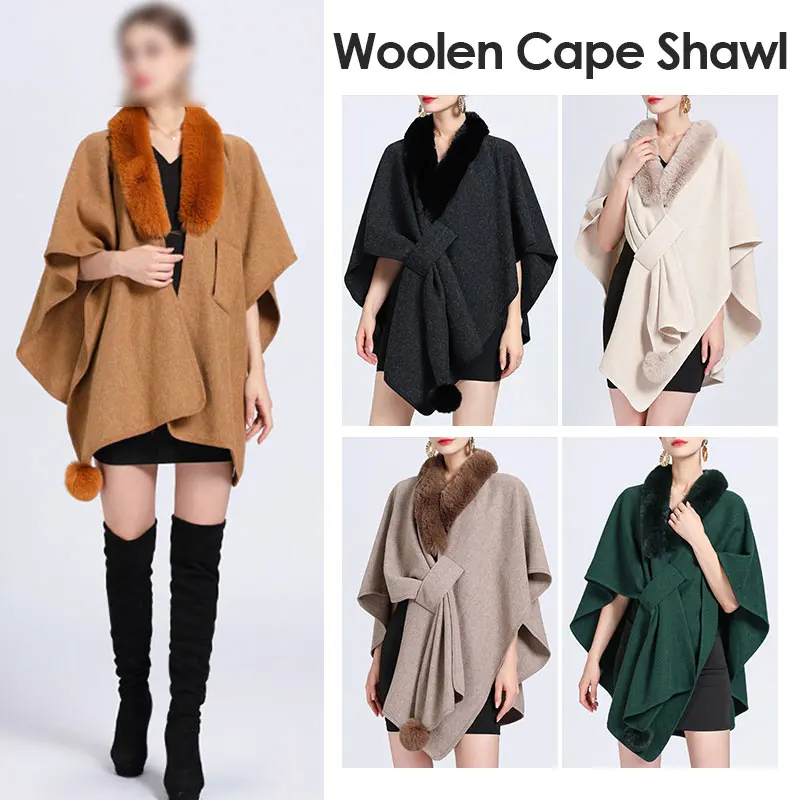 

Women Winter Imitation Rex Rabbit Fur Collar Cape Coat Lady Elegant Faux Fur Shawl Wraps Warm Cloak Poncho Cardigan Tops