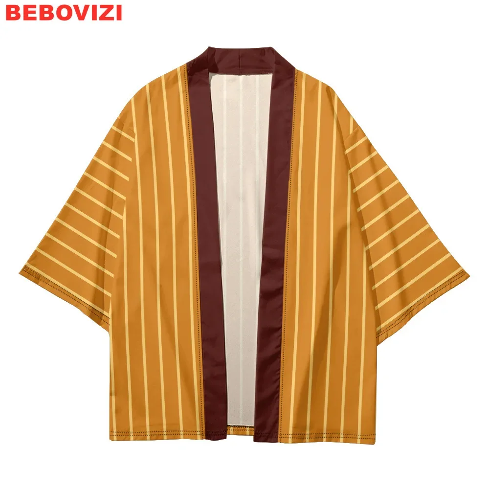 ثوب الكيمونو الياباني بلايز تقليدية غير رسمية برتقالية شريطية طباعة تأثيري Haori 2025 النساء الرجال سترة الشاطئ يوكاتا