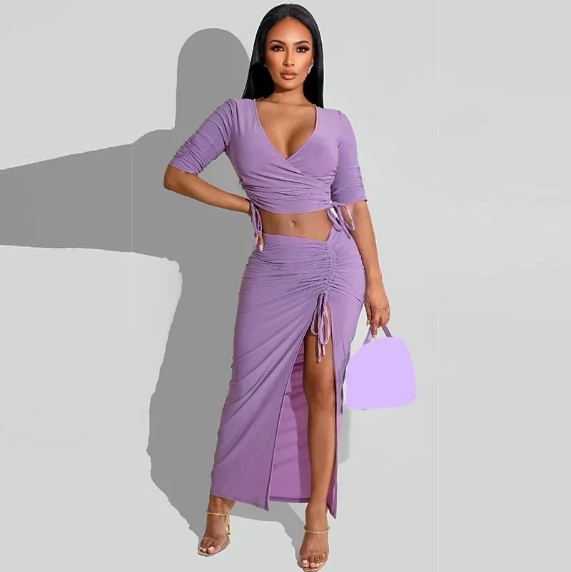 

GUWU Draped V-neck Crop Top and High Side Split Ruched Up High Waist Maxi Long Skirt Two Piece Set Fashion Elegant Women Outfit