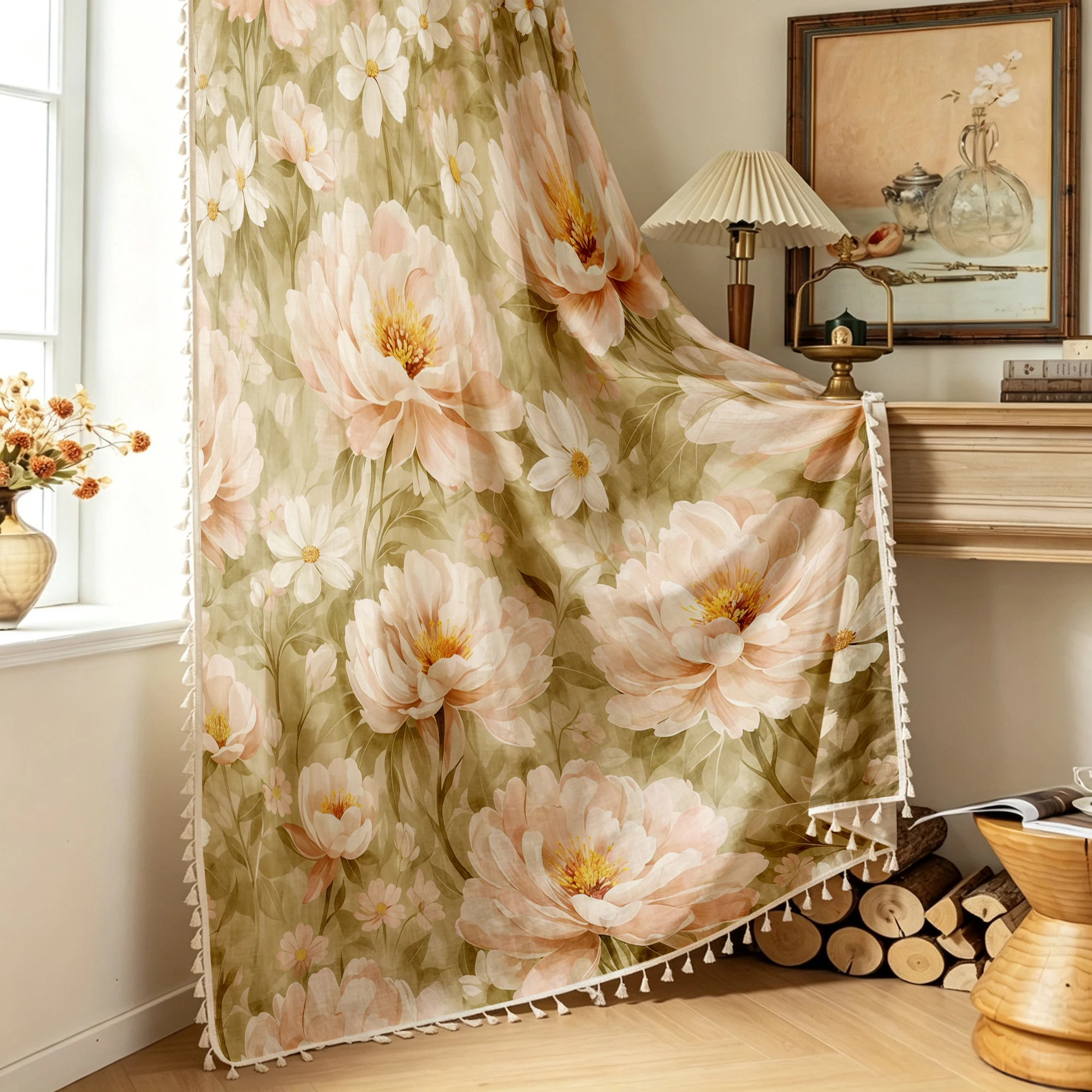 1PC Vintage Tassel Sheer Curtains, Pink Peony, Digital Print, Linen Polyester, Bedroom Living Room Kitchen, Home Decor