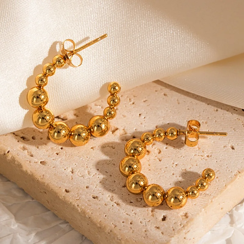 Graduated Size Bead Half C Hoop Stud Earrings 316 Stainless Steel Gold Steel Two-Tone Soft Minimal Office Ball Bead Hoops