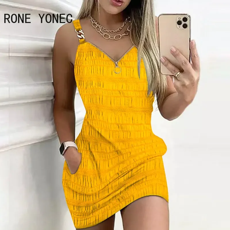 Women Sexy Solid Chain Decor Straps Zipper Decor Sleeveless Mini A Line Sexy Dresses