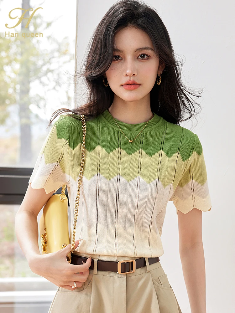 H Han Queen 2024 Female Clothing Striped Knitwear Simple Short Sleeve T-Shirt Summer Tops Korean Chic Casual Blouse Women Tees