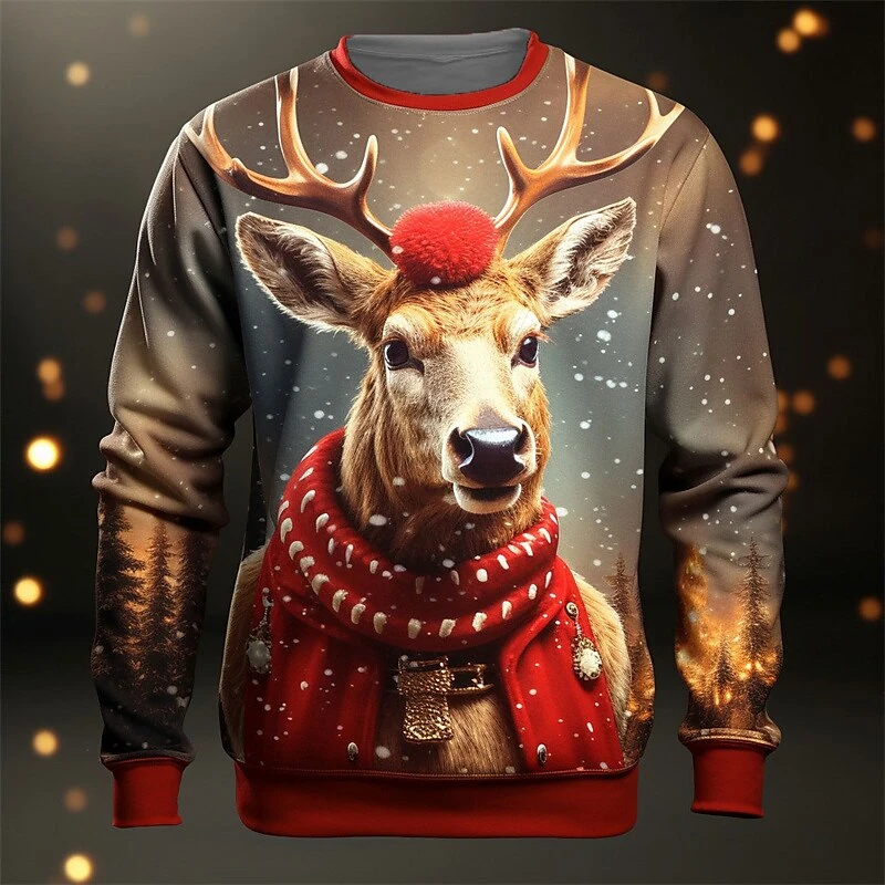 

Christmas Elk Print Sweatshirts For Men Fall Long Sleeve Pullover Casual O-neck Men's Tops Oversized Hoodie Tees X'mas Clothing