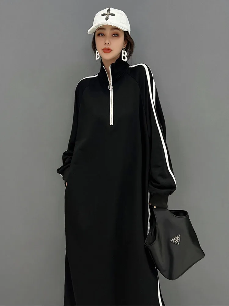 SHENGPALAE Woman Turtleneck Pullover Dress Loose Mid-length Stripe Leisure Age Reduction Dress Black 2024 Spring Autumn 5C1447