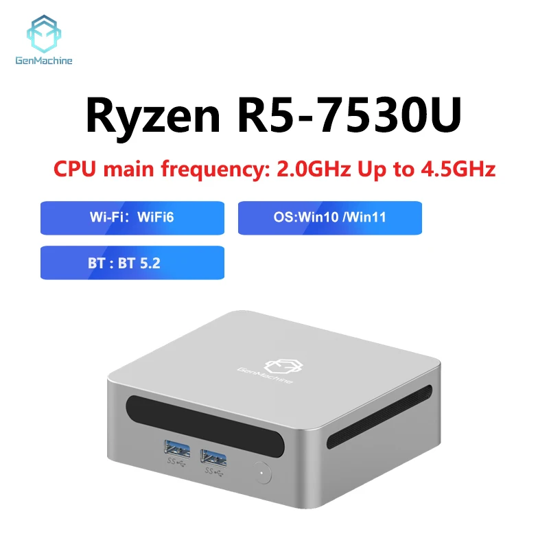 2025 GenMachine New Mini PC AMD Ryzen5 7530U 16GB RAM+512GB SSD CPU 2.0GHz Up to 4.5GHz Support Windows 11 DDR4 up to 64GB WiFi6