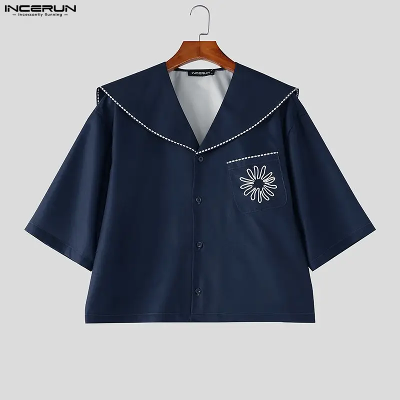 

INCERUN Men's Shirt Printing Patchwork Navy Collar Half Sleeve Men Clothes Streetwear Loose 2026 Fashion Casual Tops For Man