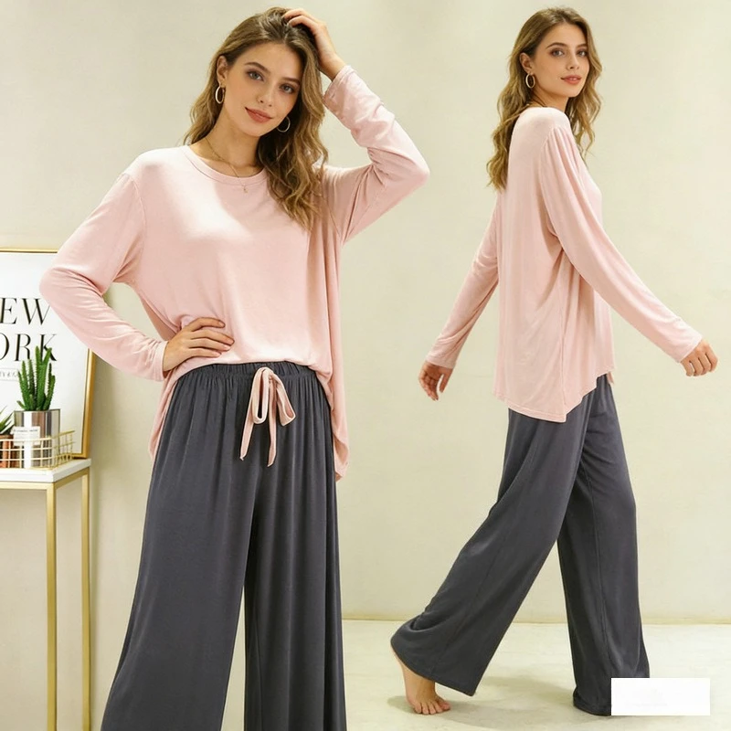 

Весенне-осенний домашний костюм из модала, 2 предмета: пижамный комплект с длинными рукавами (футболка и брюки), контрастные цвета, повседневный свободный домашний костюм.