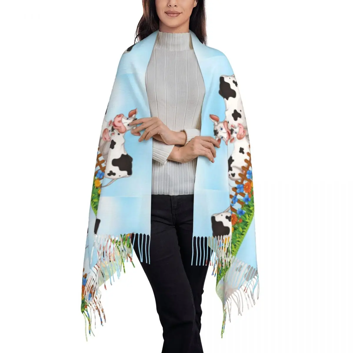 Cow Print Scarf Wrap for Women Long Winter Fall Warm Tassel Shawl Unisex Anima Skin Texture Scarves