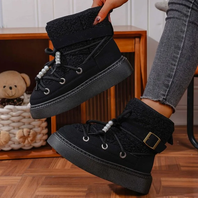 أحذية عصرية أنيقة للدفء، أحذية عمل مثيرة للنساء، أحذية شتوية بمقدمة مستديرة مريحة ونعل سميك غير قابلة للانزلاق