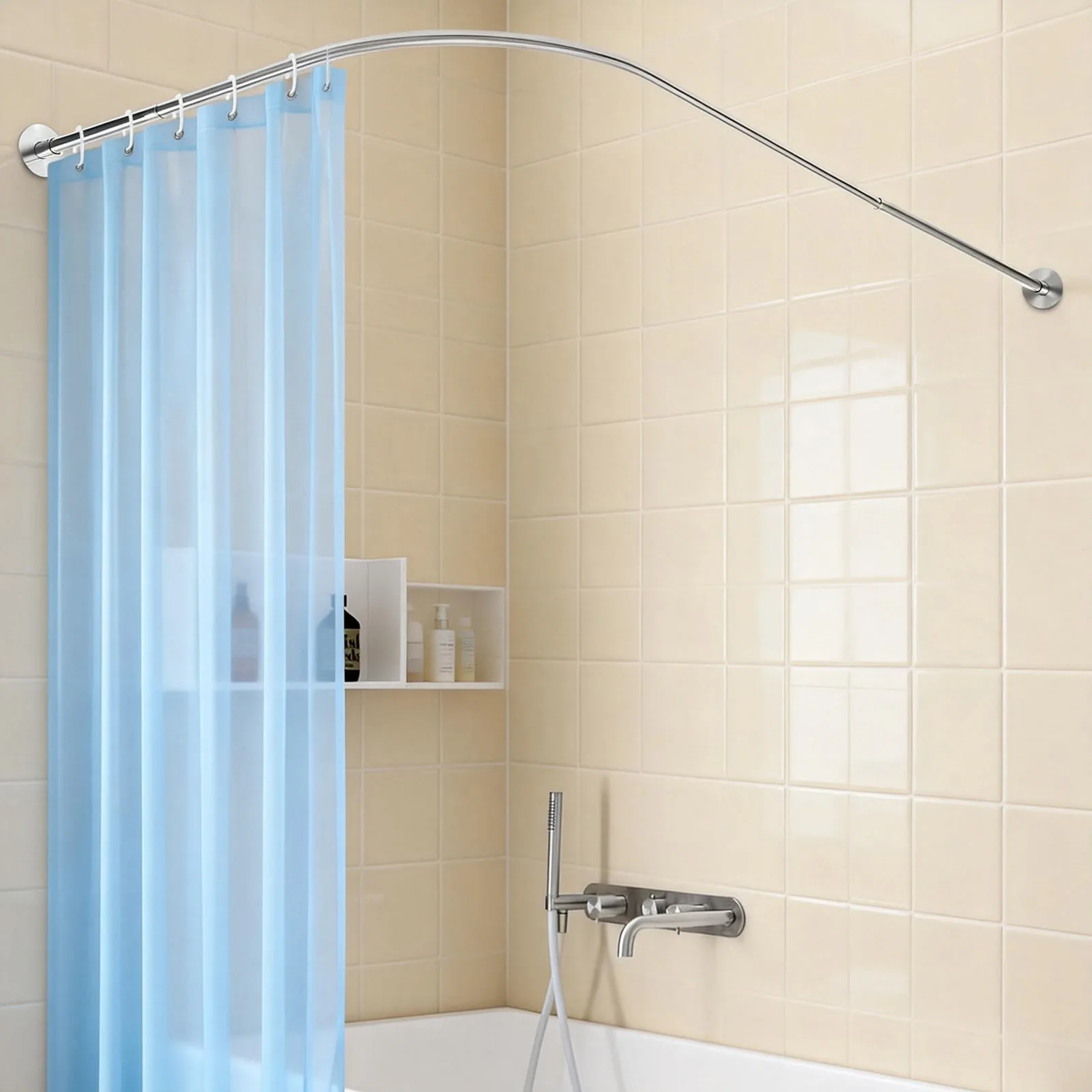 Rail de rideau de douche en forme de L réglable 70-95x105-165cm, sans perçage, tige télescopique, pour salle de bain