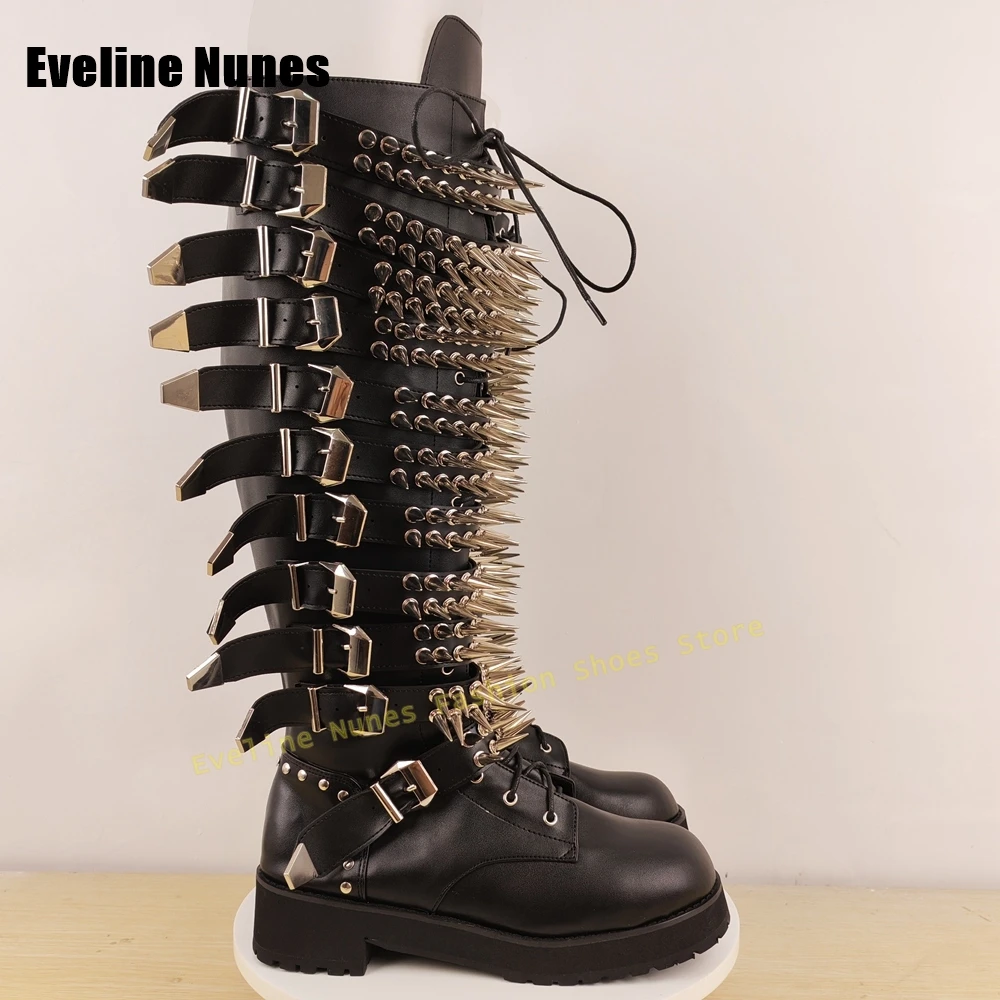 Metal Spike Studded Buckle Boots Round Toe Chunky Heels Lace Up Patchwork Punk Knee High Boots Club Rock Motorcycle Boots 2025