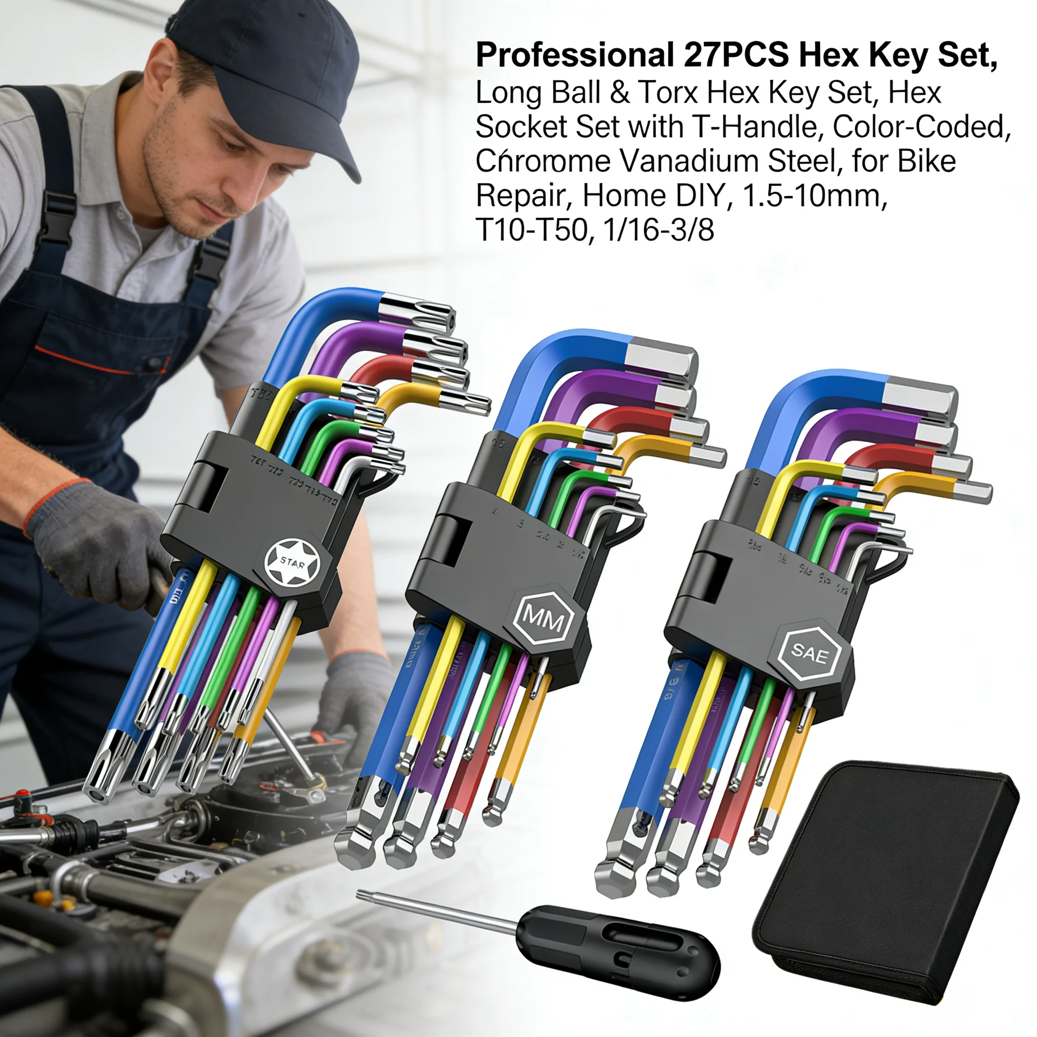 

Набор шестигранных ключей с Т-образной рукояткой, 27 шт., Cr-V, с цветовой кодировкой, с шаровым наконечником, 1.5-10 мм, T10-T50, SAE, метрические, для ремонта велосипедов, домашнего использования и DIY